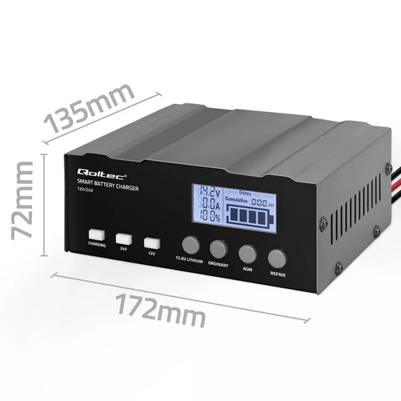 Aku laadija QOLTEC 52491 mikroprotsessoriga 12V/12,6V/24V koos LCD-ga