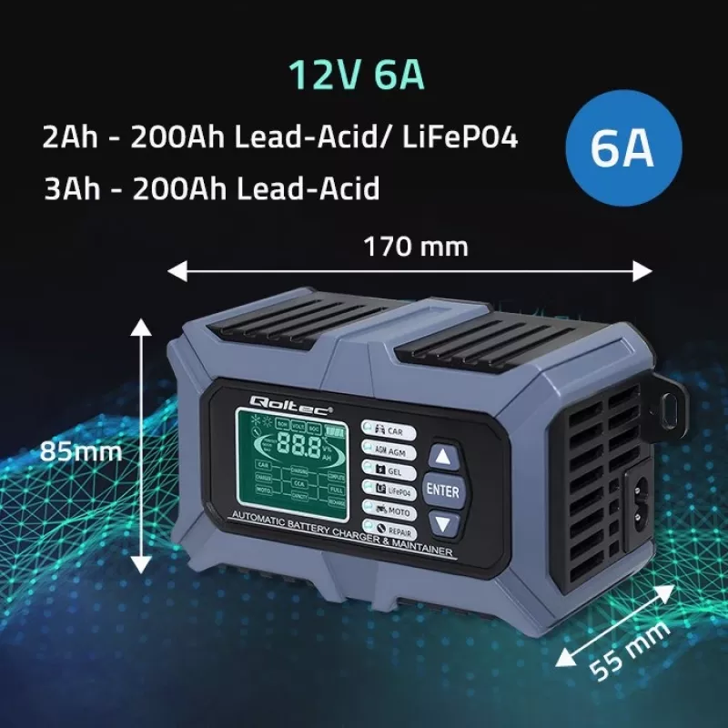 Qoltec nutikas mikroprotsessoriga akulaadija akutestriga ja 12V parandusfunktsiooniga | 6A | LCD | Akulaadija AGM LiFePO4 GEL akudele