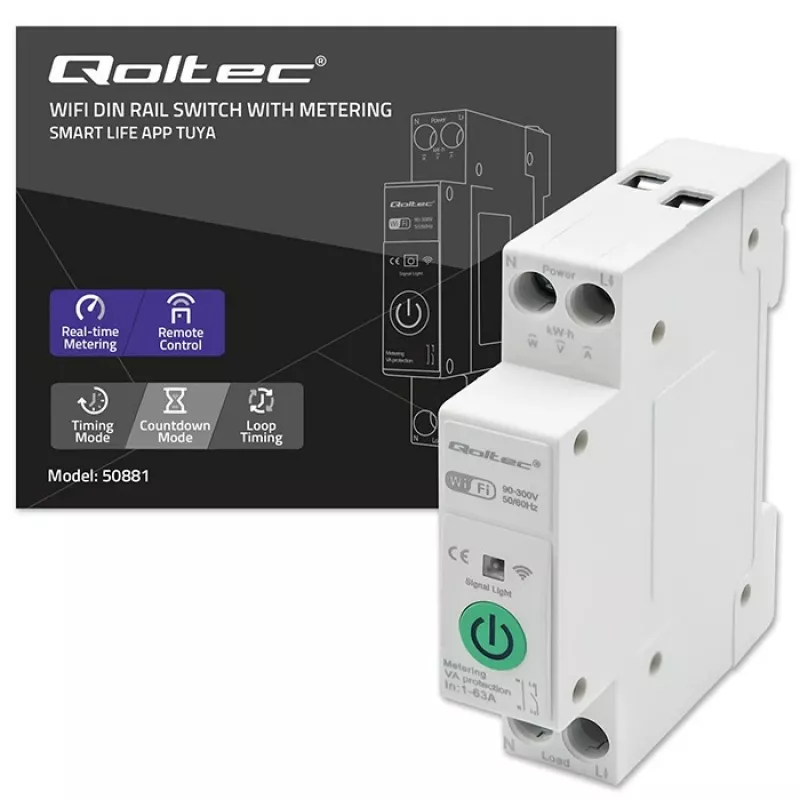 DIN-liistule paigaldatav WiFi-relee QOLTEC 50881 — võrgu lülitusrelee 63A elektripaigaldistele