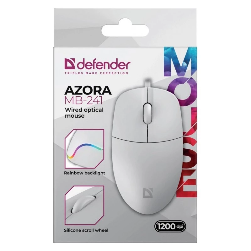 Juhtmega hiir DEFENDER AZORA MB-24 — mõlemakäeline USB optiline, 1200 DPI, 3 eraldusvõime režiimi, valge, 109×86×34 mm