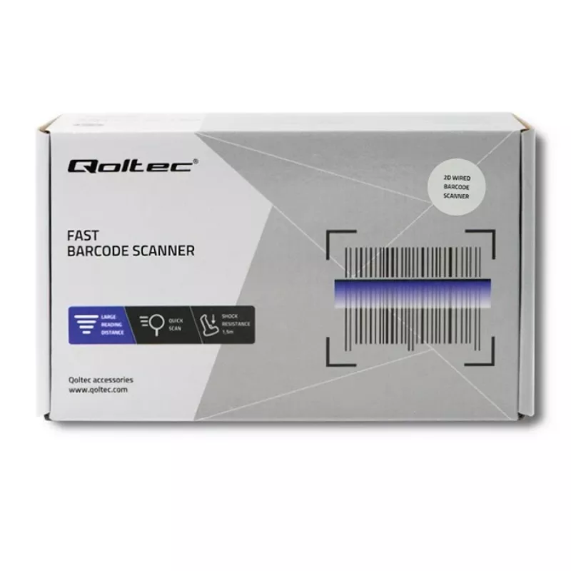 Käeshoitav vöötkoodilugeja QOLTEC 50863 — 1D/2D skanner, USB-juhtmega, LED-andur, must, 5V, 1,8 m kaabel