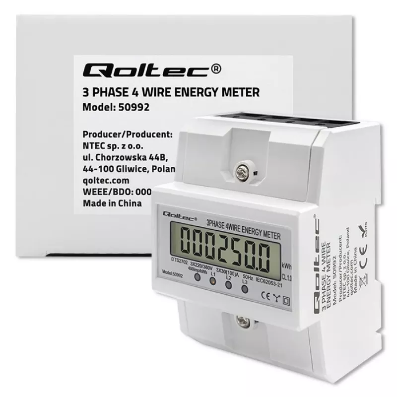 Kolmefaasiline elektrooniline arvesti QOLTEC 50992 400V 100A