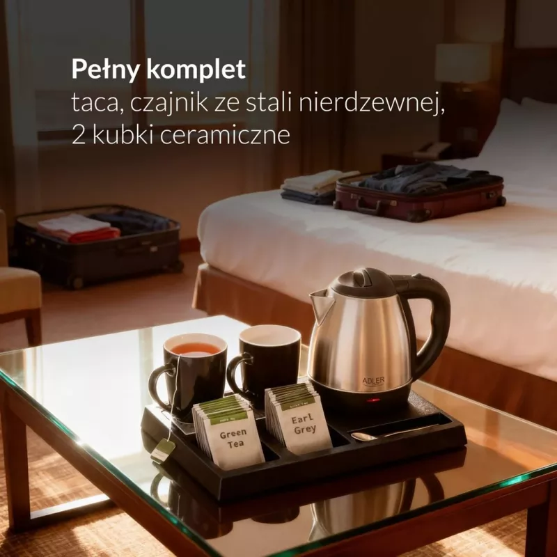 Adler AD 1354 Hotelliveekeetja roostevabast terasest 1,2 L + kandik tassidega must, teras