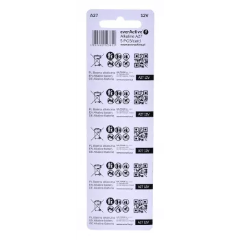 Korduvlaetav akupakett everActive 27A5BL, leelispatarei 12 V, silindriline, 5 tk, 27,3 × 7,62 mm