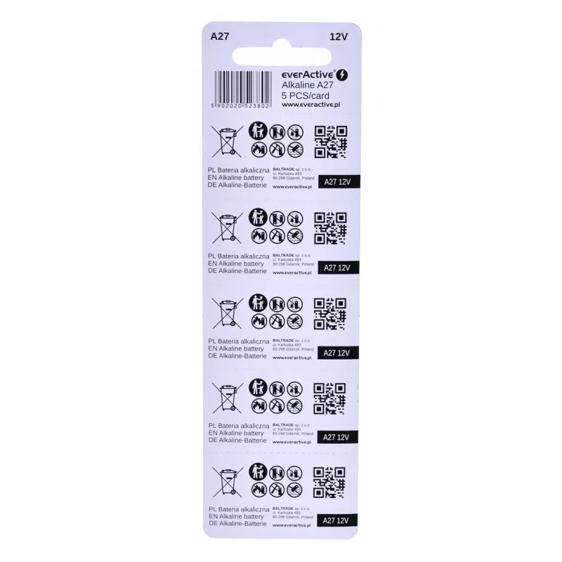 Korduvlaetav akupakett everActive 27A5BL, leelispatarei 12 V, silindriline, 5 tk, 27,3 × 7,62 mm
