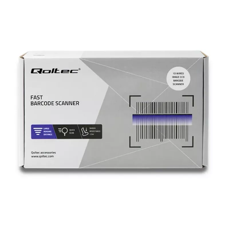 Pihuarvuti vöötkoodilugeja QOLTEC 50866 — 1D laserskanner, USB juhtmega, 600 mm lugemiskaugus, must, 161,5×88×77 mm