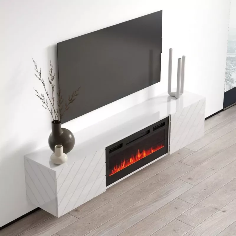 TV-kapp cama meble LUXE 1826×345×375 mm valge läikiv sisseehitatud musta elektrikaminaga (1400–1600 W)