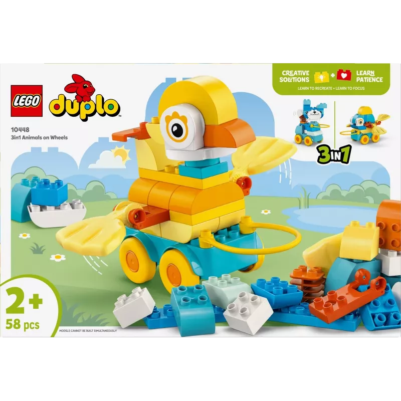 Mänguasjakomplekt LEGO DUPLO 3-in-1 Loomad ratastel 10448 — DUPLO ehita-ja-mängi loomad, 58 tk, vanus 2+