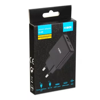 iBOX C-43 Slim GaN PD30W seinadapter, must
