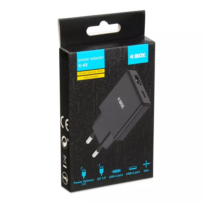 iBOX C-43 Slim GaN PD30W seinadapter, must