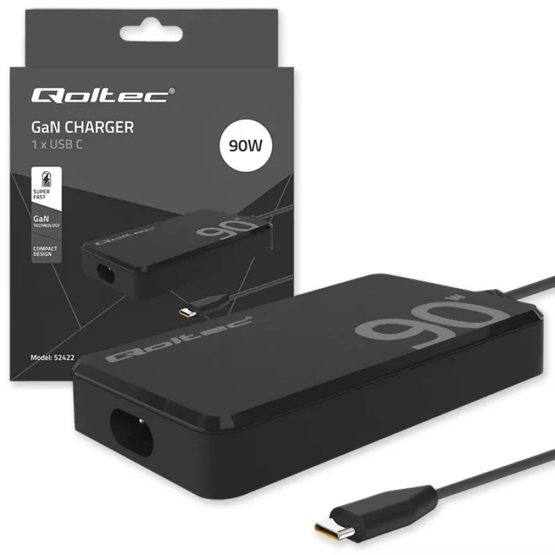 Qoltec 90W GaN Super Fast SLIM seinadapter | XP | 5-20V | 4,5A | USB-C 3.1 | sülearvuti | MacBook | nutitelefon | + kaabel