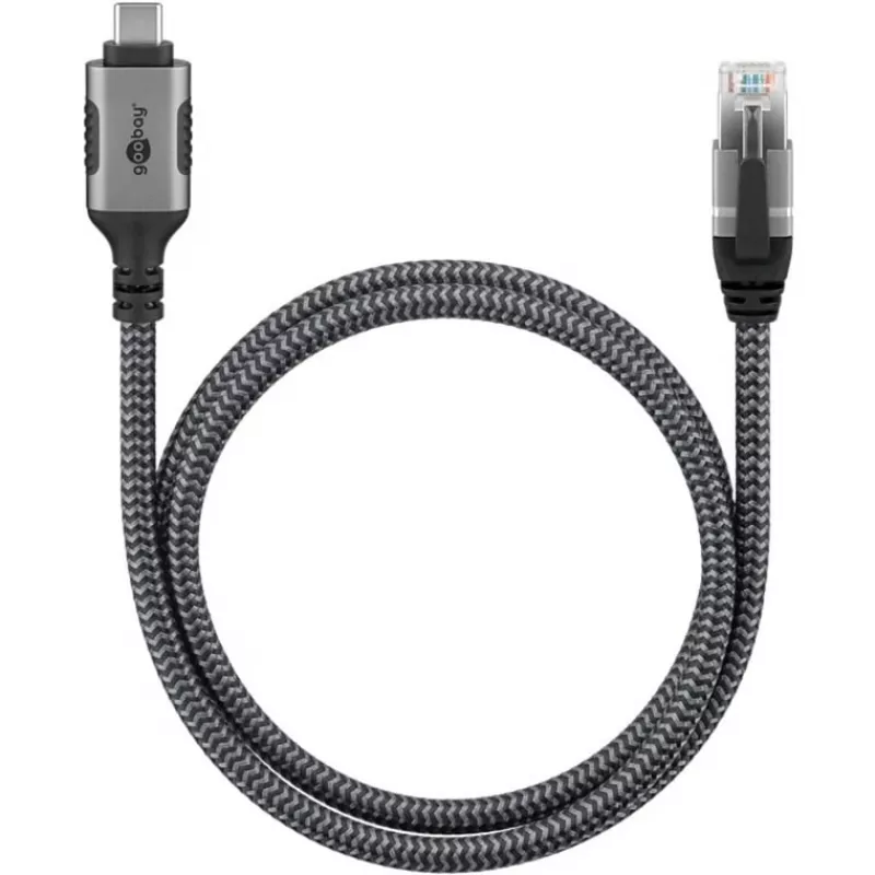 Ethernet-kaabel USB-C 3.2 Gen2 Plug > RJ-45 Plug, LAN-Adapter Must/Hõbedane, 1,5 Meter, braided textile jacket
