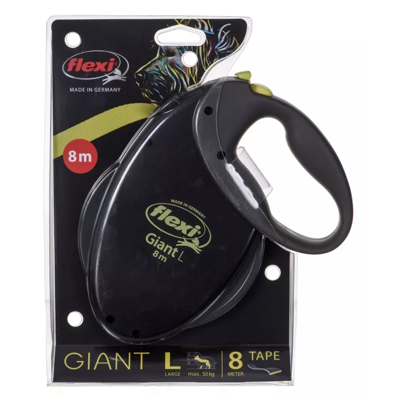 TRIXIE NEON GIANT L 8 m must, kollane koera automaatjalutusrihm