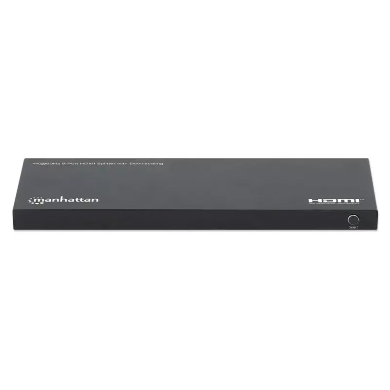 Manhattan 4K@60Hz 8-pordiline HDMI-jaotur skaleerimise vähendamisega, jaotab ühe HDMI-sisendi kaheksale HDMI-väljundile (1x8), 18G, EDID-lüliti skaleerimise vähendamiseks, must