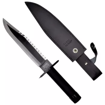 Fixed-blade survival knife cinema classic Rambo I CC-H1 — 360 mm üldpikkus, 225 mm sakiline terasest tera, must nahast tupp