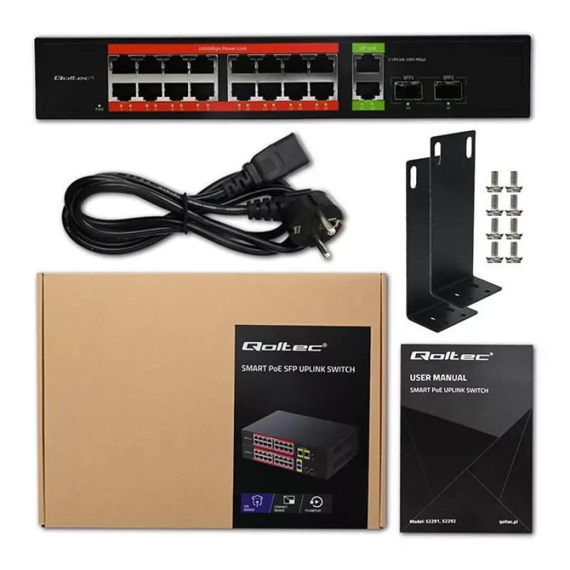 Võrgulüliti QOLTEC 52292 — Gigabit Ethernet PoE, 16x RJ45, 2x RJ45 uplink, 2x SFP