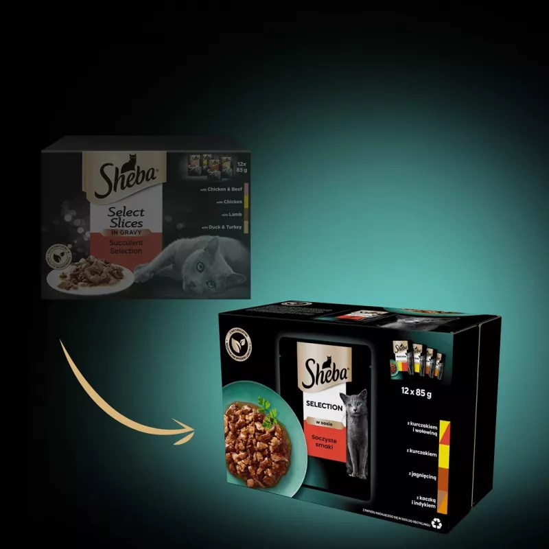 Märg kassitoit Sheba Moist, kotikesed 12×85 g (1020 g), kana ja lambaliha, täiskasvanud