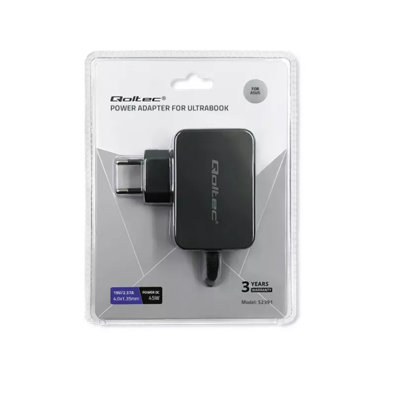 Toiteadapter QOLTEC 45W 19V kaasaskantavatele seadmetele — asendusadapter 45 W 19 V