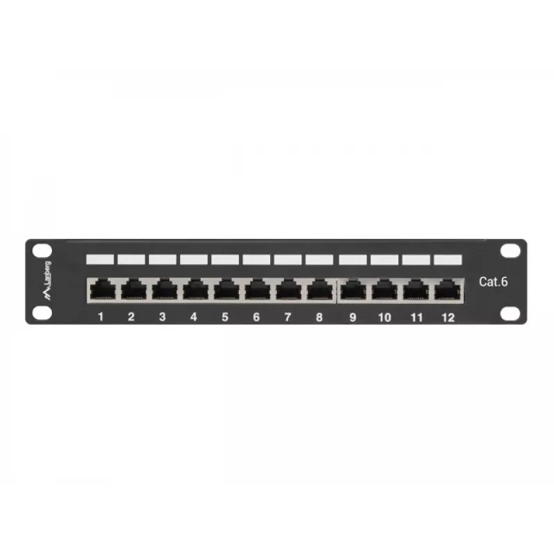 Patch panel LANBERG PPF6-9012-B — 12-pordiline RJ45, metallist, must, 1U (215×44.5×130 mm)