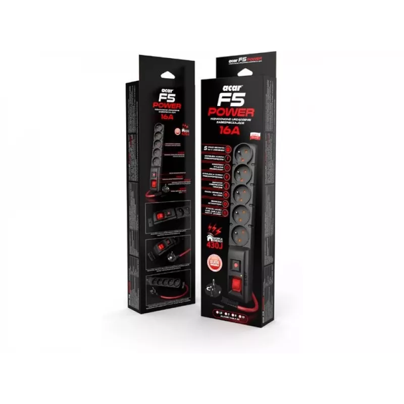 Vahelduvvoolu pikendusjuhe ACAR F5 POWER Must 5 vahelduvvoolu pistikupesa 230 V 5 m