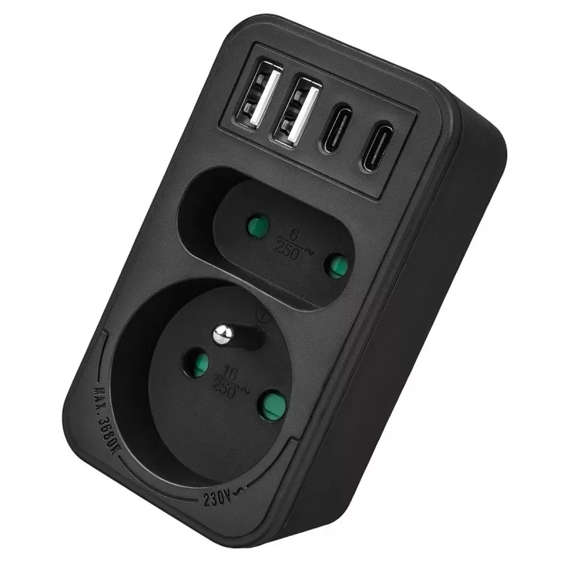 Toitejaotur MACLEAN MCE249 F/B — 2 vahelduvvoolupesa (16A + 6A) koos 2×USB-A ja 2×USB-C PD 20W, EL-pistik, must