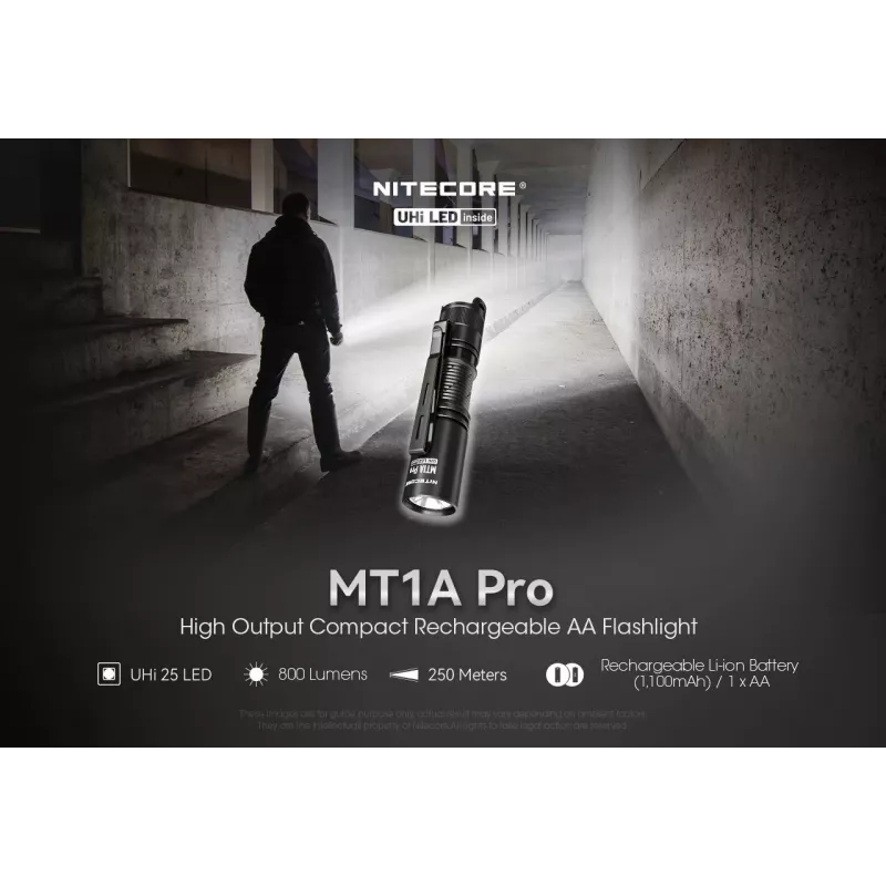 Käsilamp Nitecore MT1A Pro — LED 50 lm, USB-laetav, 1100 mAh, alumiinium, veekindel, põrutuskindel, must