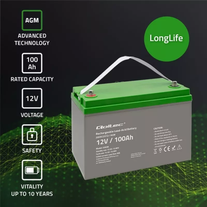 Qoltec 53038 AGM aku | 12V | 100Ah | max 1200A