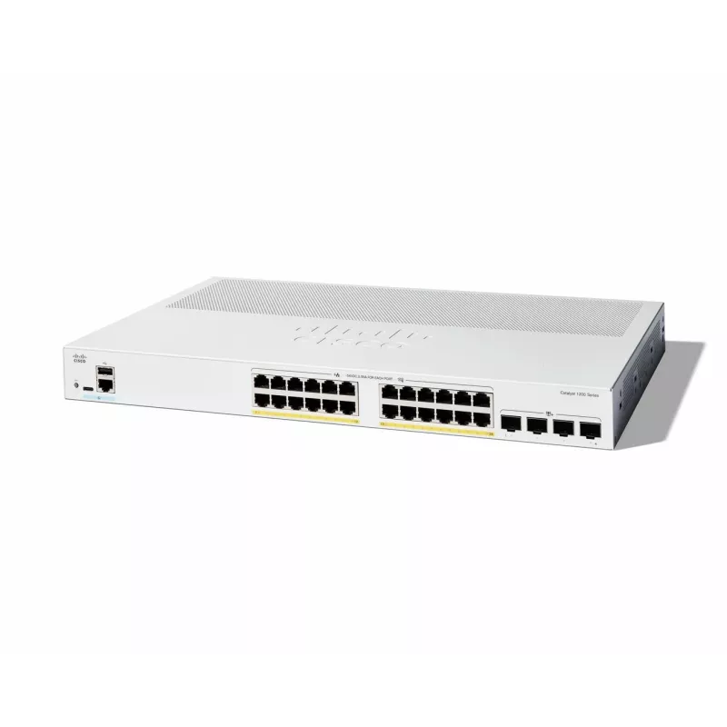 Cisco Catalyst 1200-24P-4X Smart Switch, 24 porti GE, PoE, 4x10GE SFP+, piiratud eluaegne kaitse (C1200-24P-4X)