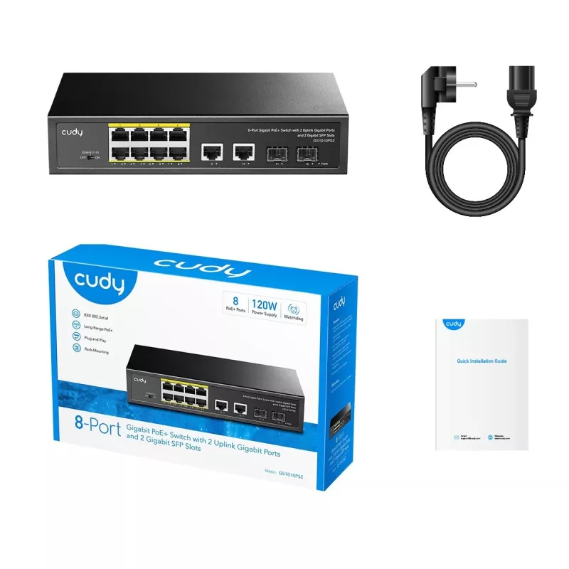 Cudy GS1010PS2 võrgulüliti, haldamata, Gigabit Ethernet (10/100/1000), Power over Ethernet (PoE), must