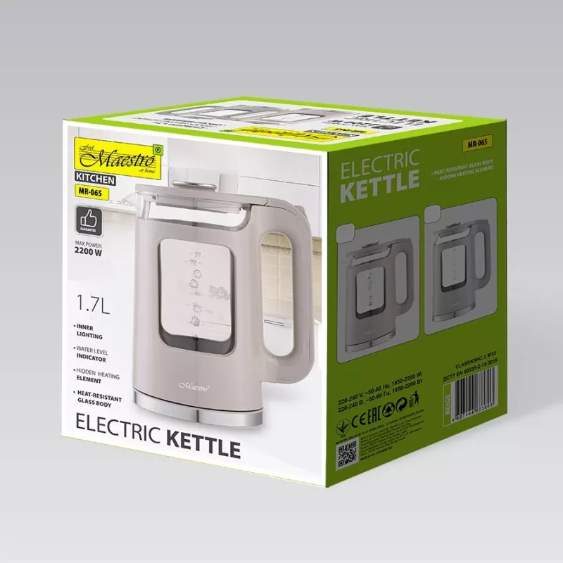 Elektriline veekeetja Maestro MR-065-BEIGE 1,7 L, 2200 W, klaaskorpus, beež