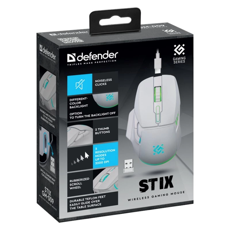 Juhtmevaba hiir DEFENDER Stix GM-009 RF — optiline 3200 DPI, 6 nuppu, mõlemakäeline, USB RF, akutoitel, valge