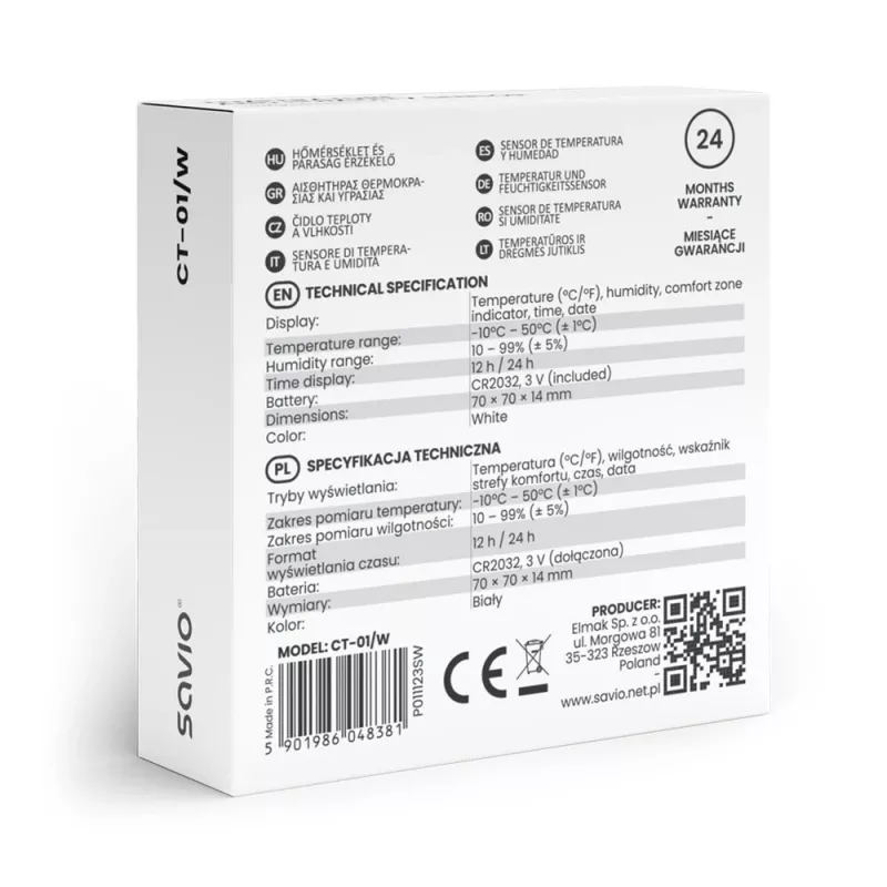 Siseõhu temperatuuri ja niiskuse andur SAVIO CT-01/W, LCD-ekraan, -10–55 °C, 10–99 % RH, aku CR2032