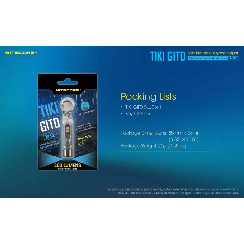 Võtmehoidjaga taskulamp Nitecore TIKI GITD BLUE — hall, USB-laetav, 1 lm, 55 mm, 12 g, IP66, löögikindel