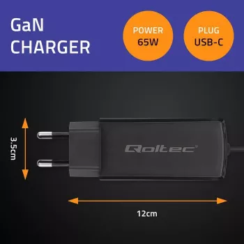 GaN sülearvuti laadija QOLTEC 52419 65W USB-C PD 5V/20V 3A/3.25A, 220–240V, 1,8 m kaabel, must