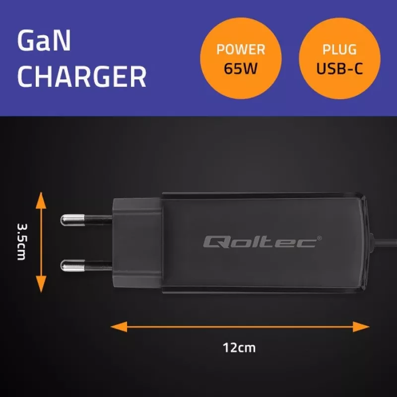 GaN sülearvuti laadija QOLTEC 52419 65W USB-C PD 5V/20V 3A/3.25A, 220–240V, 1,8 m kaabel, must
