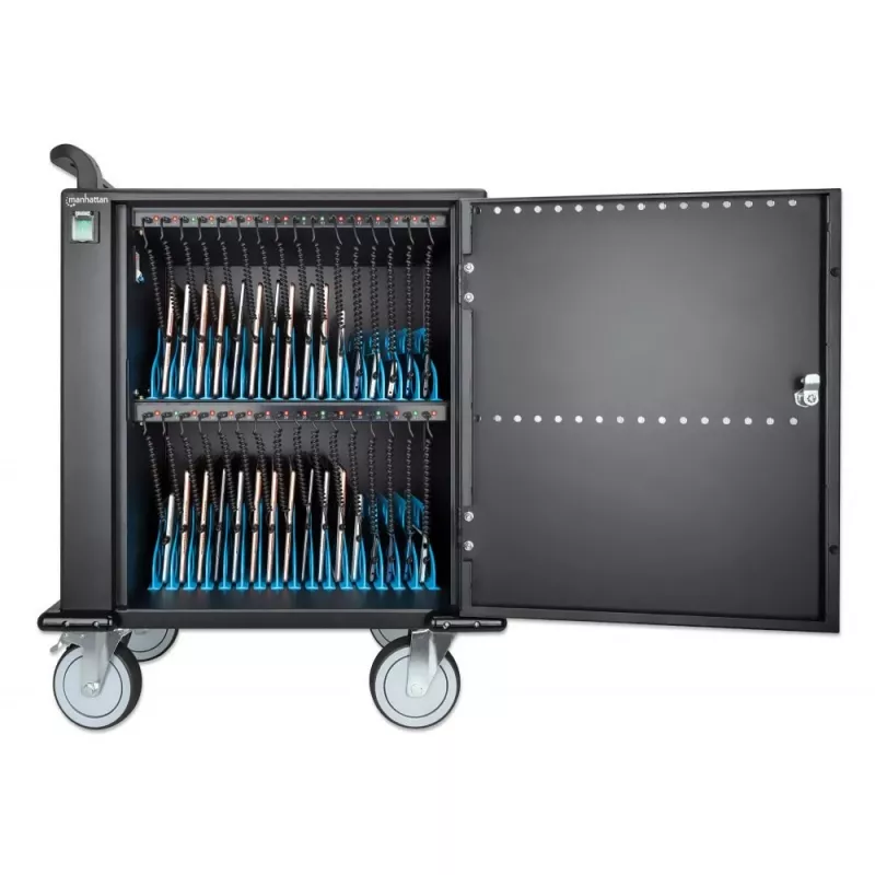 Manhattan iPad kuni 13 tolli, MacBook Air kuni 13 tolli ja Chromebook kuni 14 tolli 32-kohaline USB-C laadimiskäru/kapp, ka teised tahvelarvutid/nutitelefonid (seadmest USB-C kaablini), lahtrid 330x22x235 mm, seadme laadimiskaablid ei kuulu komplekti (soo