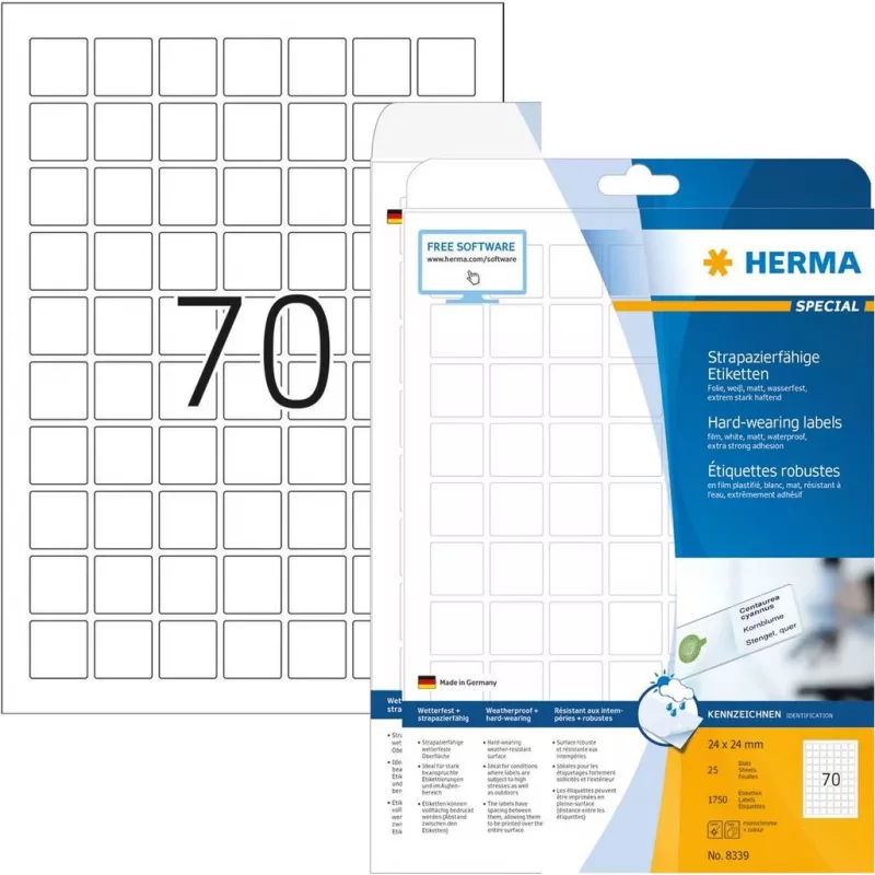 HERMA Special - kileetiketid - matt - isekleepuv - Valge - 24 x 24 mm 1750 etiketti (25 lehte x 70) (8339)