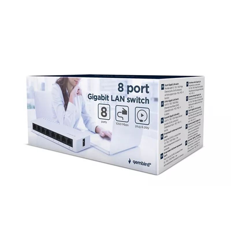 Haldamata kommutaator GEMBIRD NSW-G8-01 — 8× Gigabit Ethernet (10/100/1000), valge, DC 5V