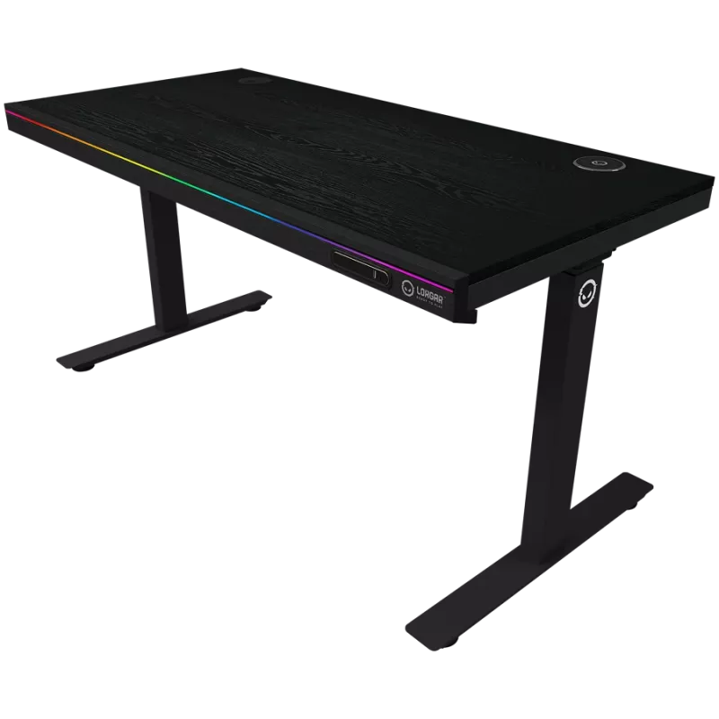 Kahemootoriga istuv/seisev reguleeritava kõrgusega mängulaud traadita laadija, RGB-valgustuse, juhtpaneeli ja USB-portidega, PB melamiinpinnaga lauaplaat, must.