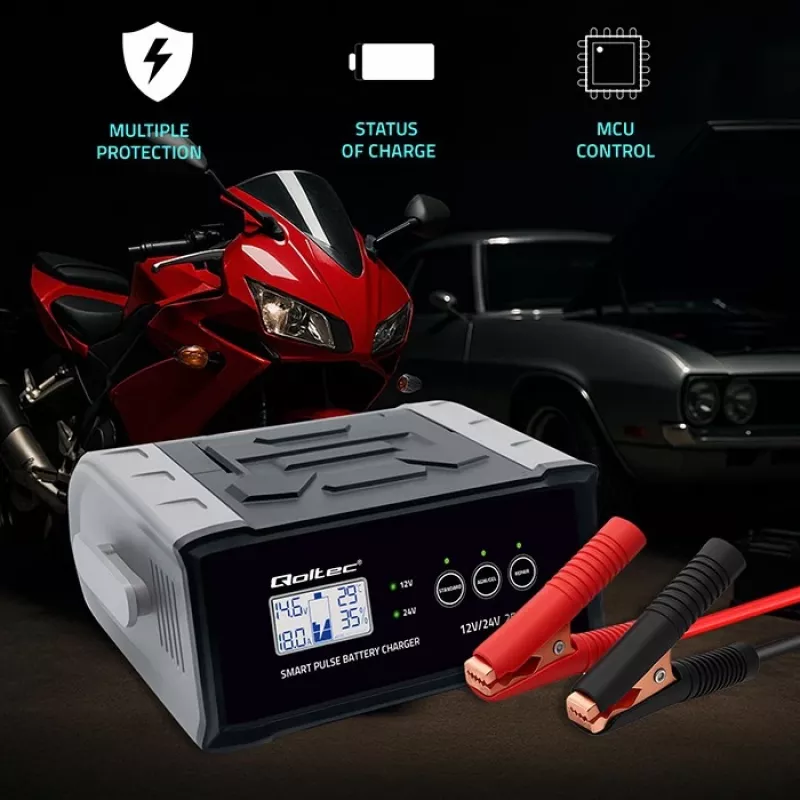 Akulaadija QOLTEC 52514 — 12V/24V, 25A, AGM/GEL/SLA akudele, LCD-ekraaniga