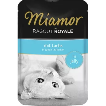 Märg kassitoit Miamor Ragout Royale tarretises lõhega 100 g — täiskasvanud kass, 82 kcal/100g, valk 8%, rasv 5%, niiskus 82%