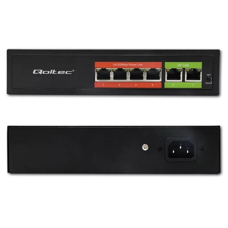Ethernet PoE lüliti QOLTEC 52289 — 4x RJ45 PoE porti, 2x RJ45 üleslinki, 65W võimsuseelarve
