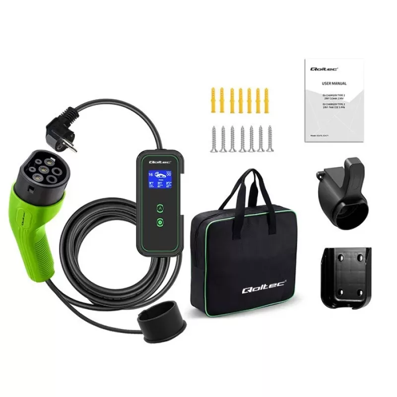 Qoltec mobiilne elektriauto laadija reguleeritav 2in1 Type2 | 3,5kW | 230V | Wi-Fi | LCD | kaasaskantav | seinakarp | 5m