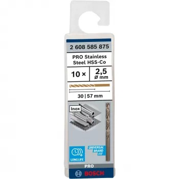 Bosch 2 608 585 875 PRO Stainless Steel HSS-Co spiraalpuurid, Ø 2,5 mm, tööpikkus 30 mm, silindriline vars, 10 tk