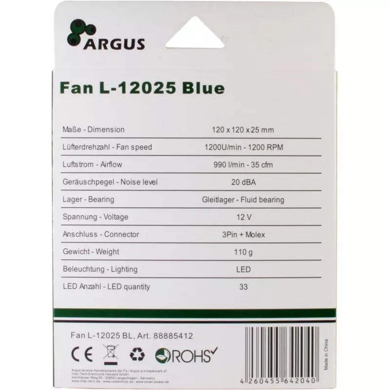 INTER-TECH Argus L-12025 120mm sinise LED-ga korpuseventilaator