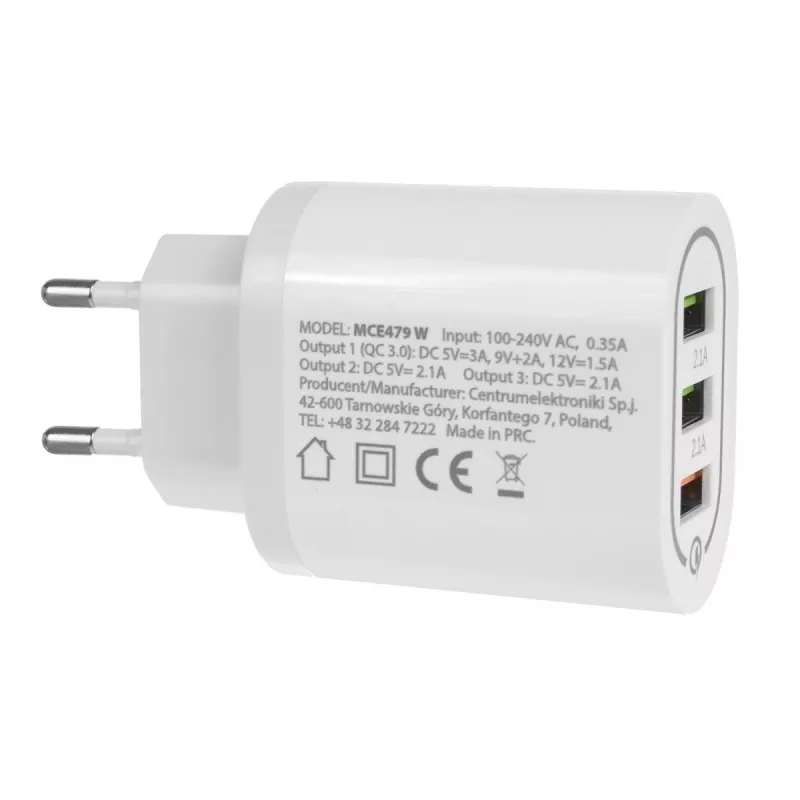 Seinalaadija MACLEAN MCE479W — 3-pordiline USB-kiirlaadija, koguvõimsus 18 W