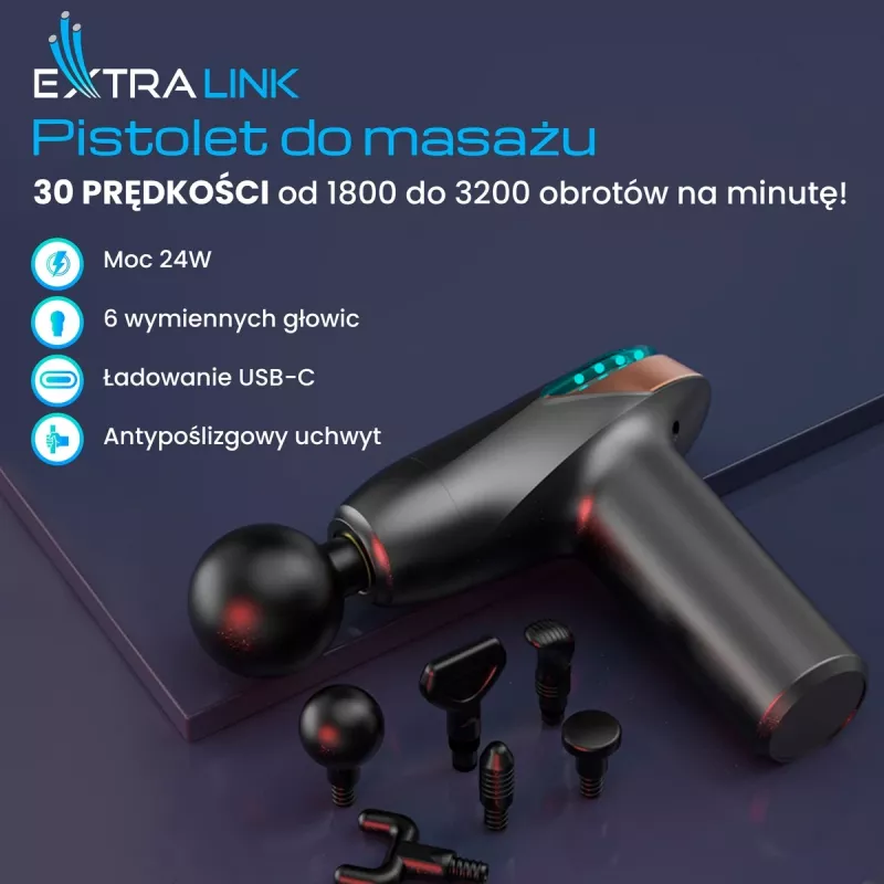 Massaažipüstol Extralink MSG-02-LITE 3200 RPM 6 otsikut