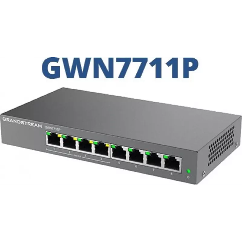 Juhitav L2 Gigabit PoE võrgukommutaator Grandstream GWN7711P — 8x RJ-45 10/100/1000, 48V DC, laua-/seinapaigaldus