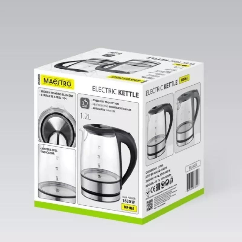 Maestro MR-062-BLACK elektriline klaasist veekeetja, 1630 W, 1,2 L