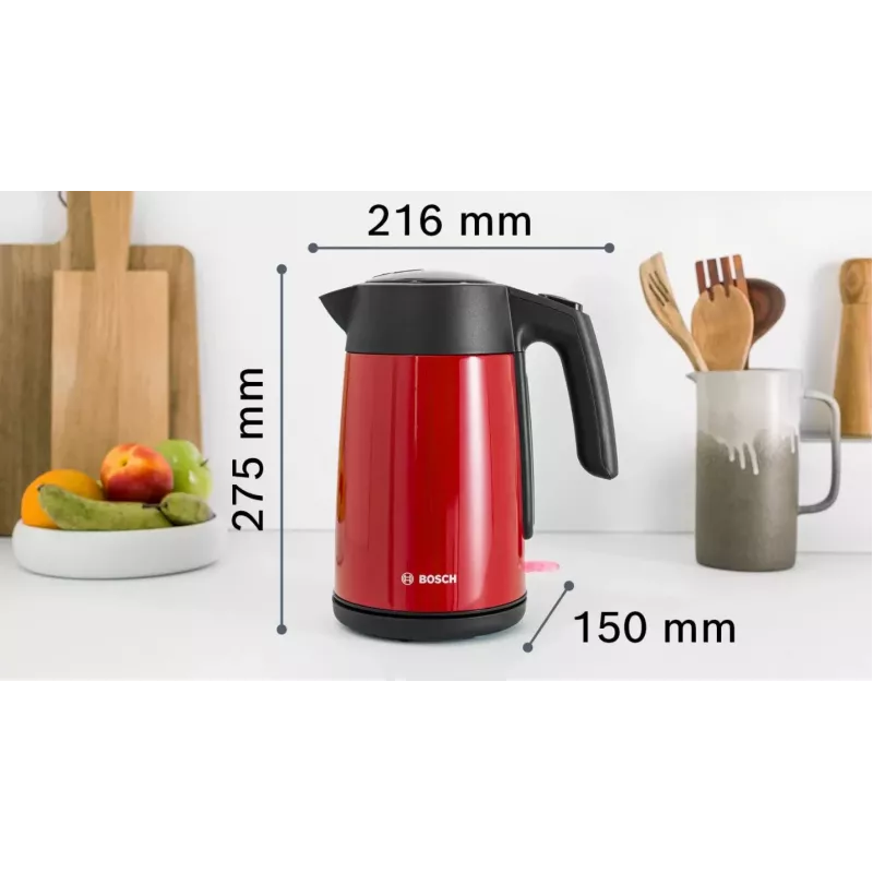 Elektriline veekeetja Bosch TWK7L464 — 1,7 L maht, 2400 W, punane, plastikust korpus